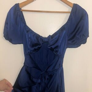 Edit by Nine Satin Puff Sleeve Dress – Navy Blue, Size S